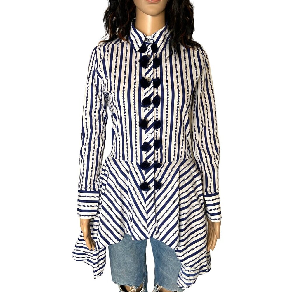 Figue Striped Button-Down Tassel High-Low Blouse Blue/White Size XS